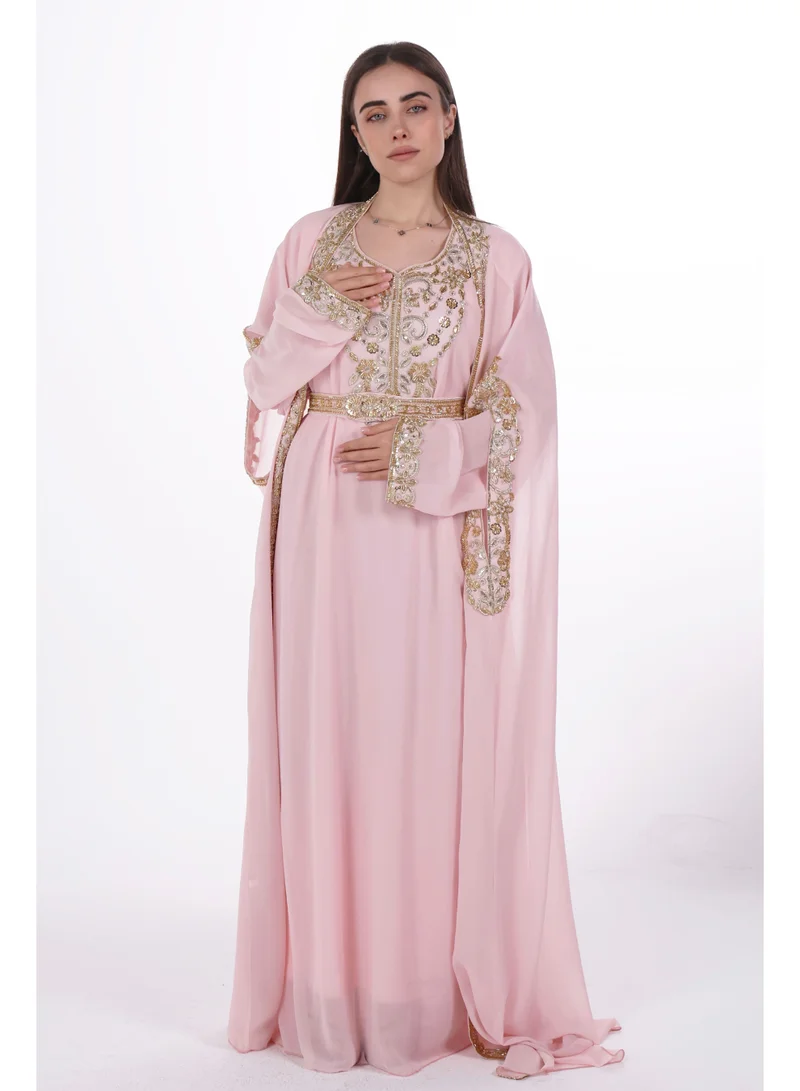 AL BENT AL SHARQIEH pink emboidered chiffon kaftan dress for Women | Best Price UAE